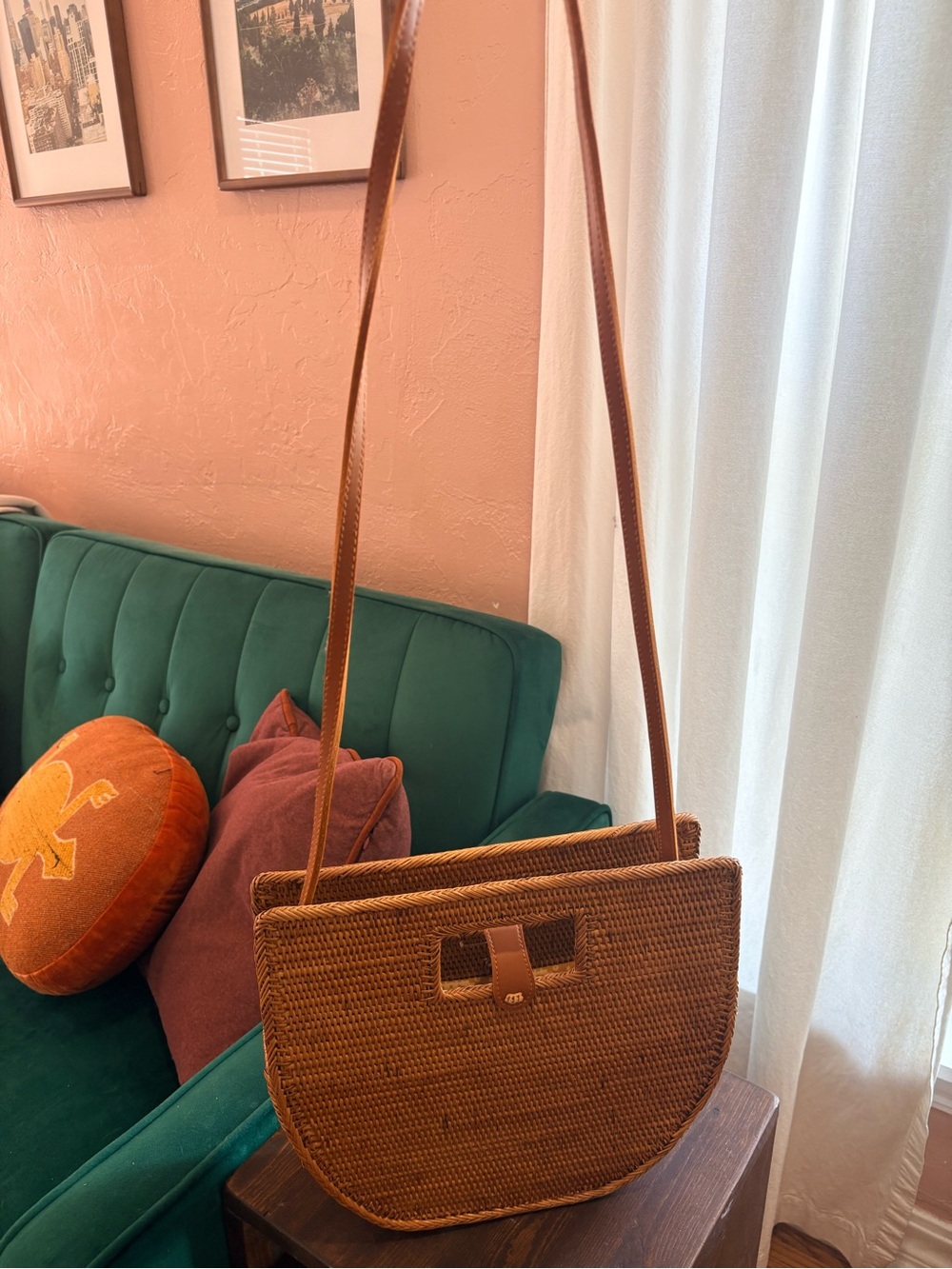 Anthropologie Woven Half-Moon Tote in Tan with Leather Trim